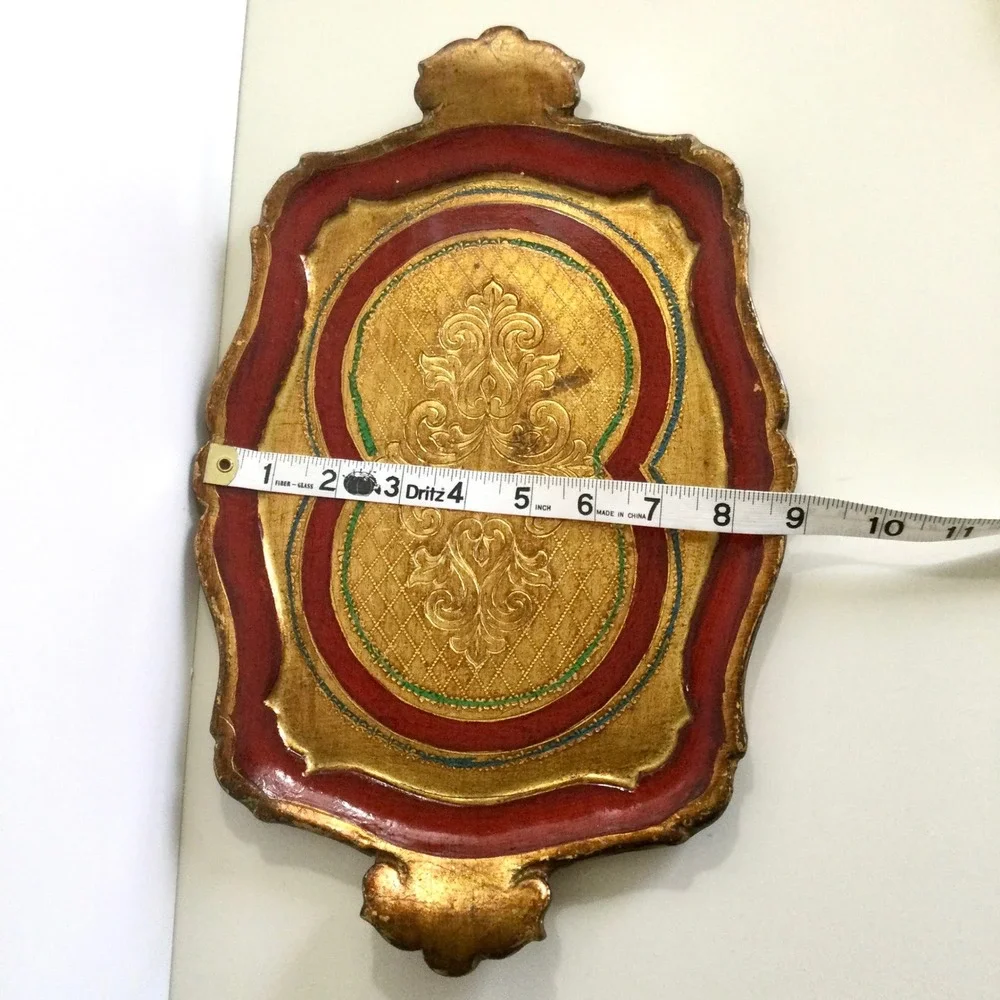 Vintage Florentine Wood Tray Gold Leaf Red Hand Painted Italian Scalloped 13.5in